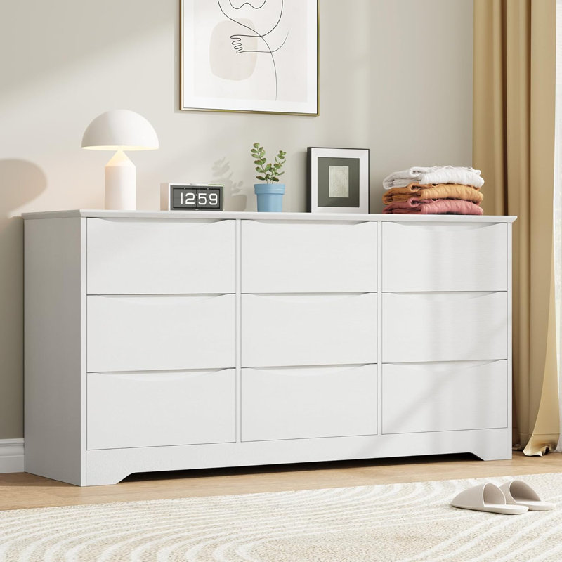 Commode haute 9 tiroirs en bois, commode de rangement moderne avec plateau large, blanc, Blanc