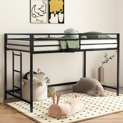 Lit mezzanine peu encombrant noir - plus de rangement sous le lit pour plus de commodité - conception simple avec garde-corps sécurisés et fonction de bruit confortable, structure en métal, aucun sommier requis