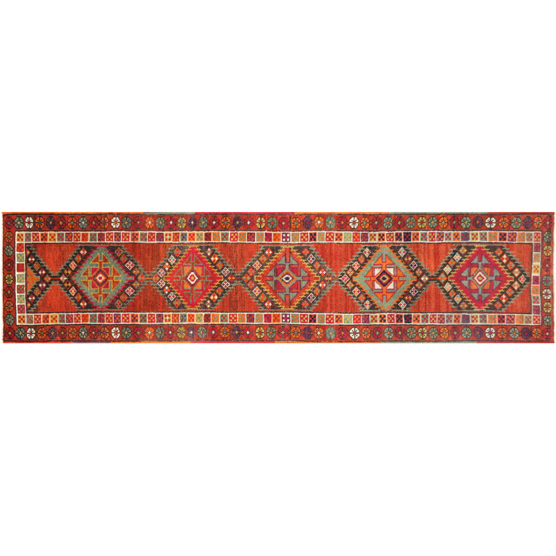 Tapis de couloir rouge en laine noué à la main de conception unique 2 pi 9 po x 11 pi 5 po années 1960