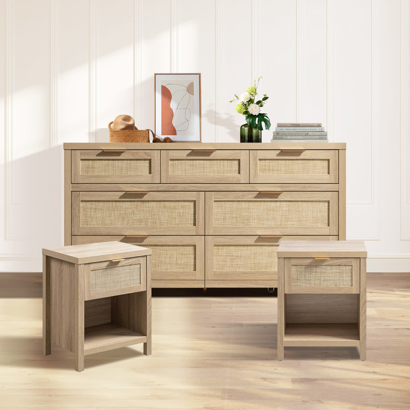 Ensemble de chambre à coucher 3 pièces avec rangement en rotin (commode 7 tiroirs + 2 tables de chevet)