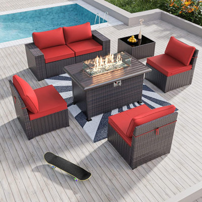 7-Piece Wicker Patio Conversation Set With Cushions,Coffee Table And Outdoor Fire Pit Table With Aluminum Top, PE Rattan Base, And  White Glass Wind Guard