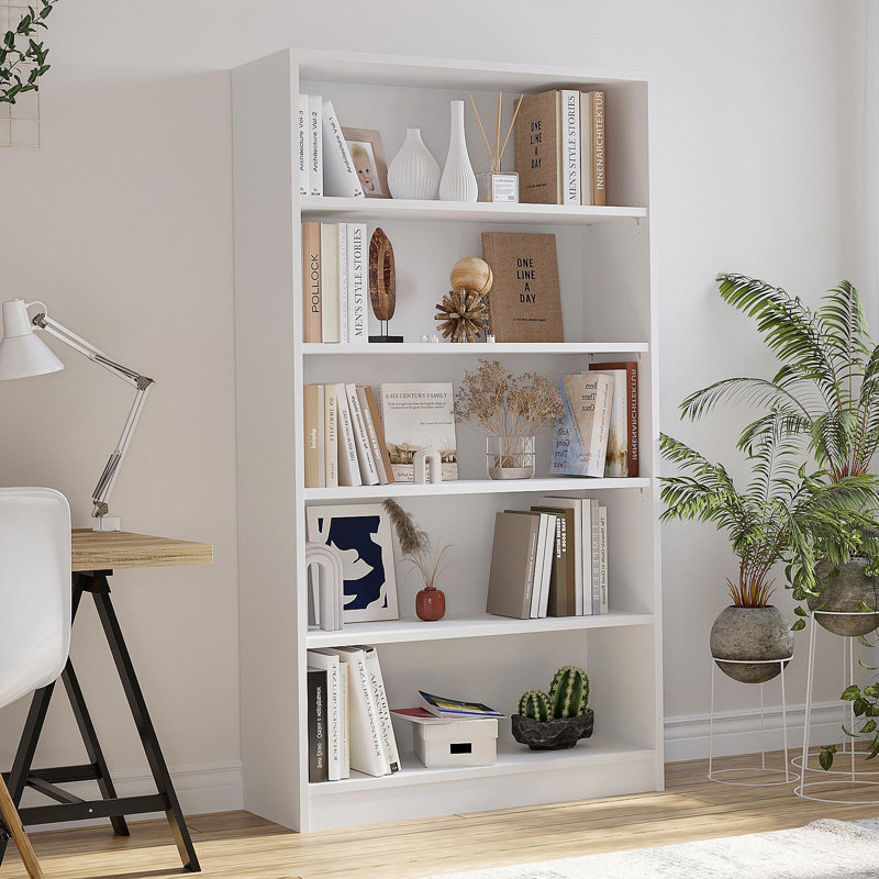 5 Shelf White Bookcase 60 Inch Tall Wood Bookshelf For Bedroom, White, (5 Shelves) 60"H x 33"W x 11.6"D