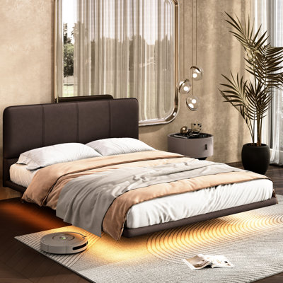 Floating Bed Frame With Remote - Controlled Led Lights, Full Size Modern Pu Leather Platform Bed, Coffee Color, Structure, Simple Setup And Under Wood, Coffee, Installation