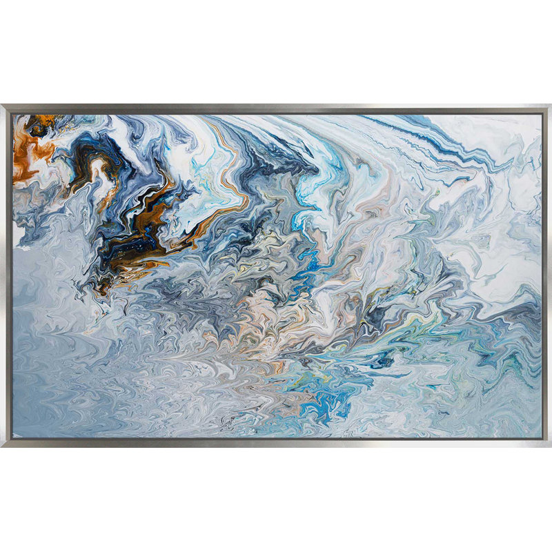 «Reading the actuel», peinture sur toile à cadre flottant, H 21,5 po x l 33,5 po x P 2 po, Cadre flottant argent