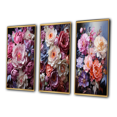 " Asian Art Peonies In Pink " 3 - Pieces