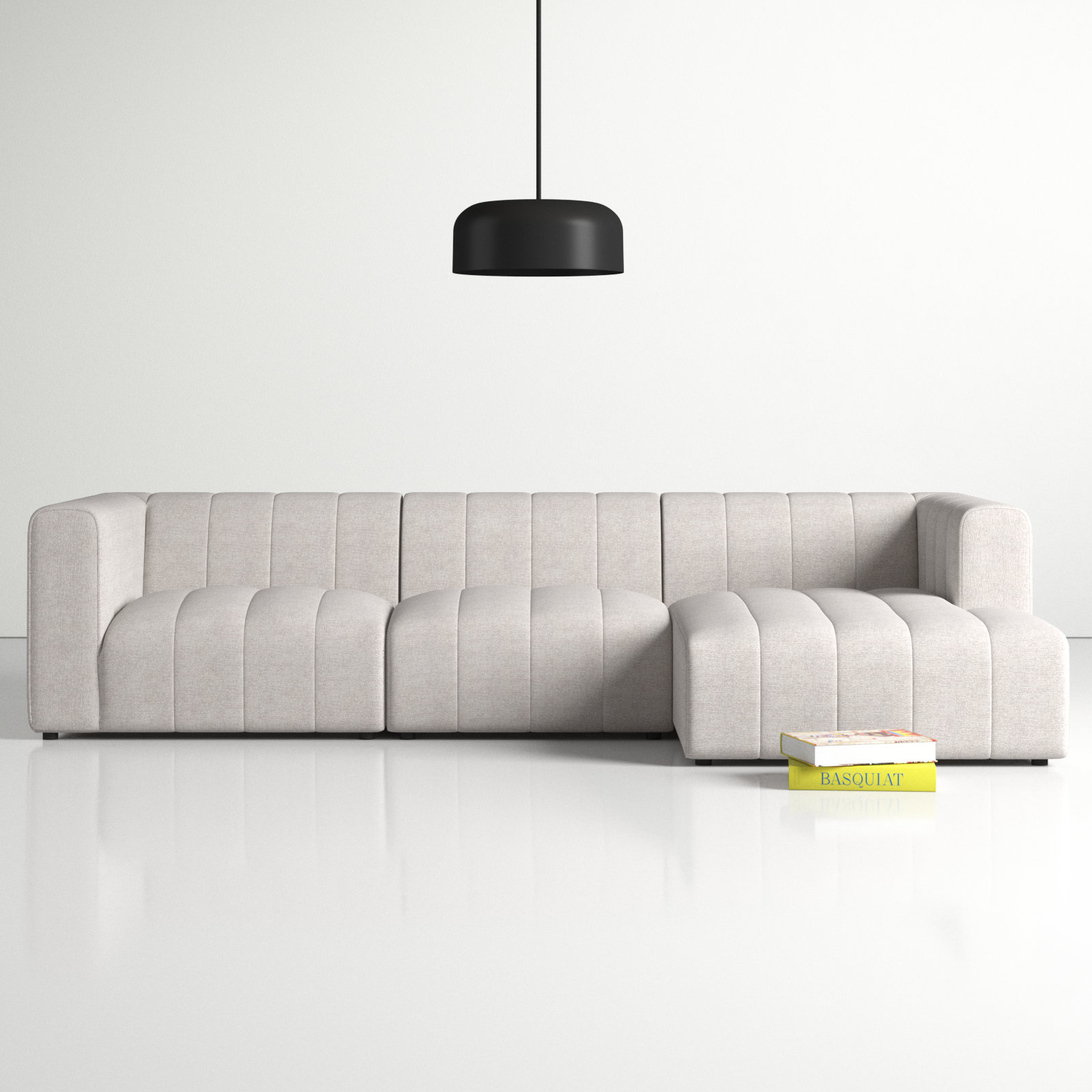 Bowry Modular Upholstered Chaise L-Sectional, Right Hand Facing, Light Gray Napa Sandstone Polyester, Black