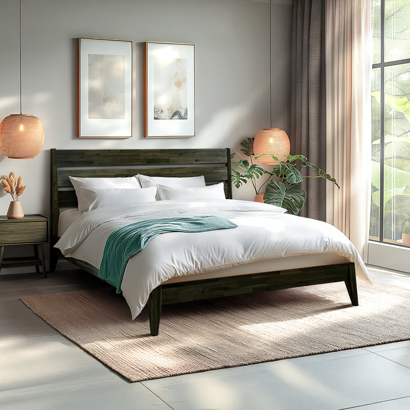 Acacia Christoper Premium Solid Wood Bed Frame, Platform Bed with Headboard Included, Mid century Modern Wood Bed, No Box Spring Needed, Fits All Mattresses