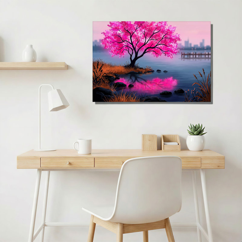 Arbre en fleurs rose vif sur une rive rocheuse avec la silhouette de la ville - Toile murale, 24"H x 36"W