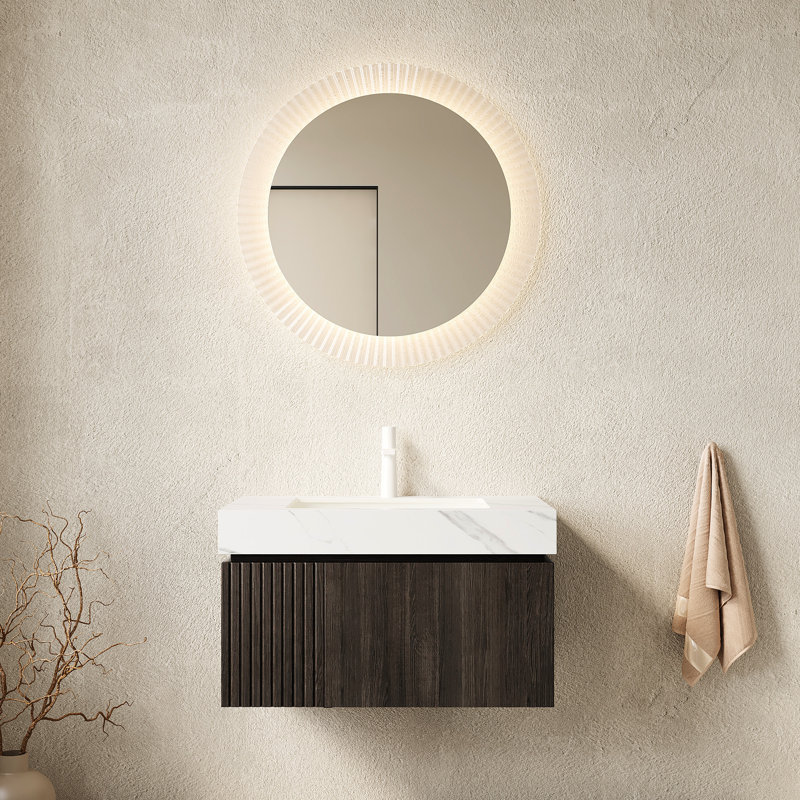 Meuble-lavabo de 30 po avec comptoir en pierre frittée blanche, vasque en céramique, armoire de rangement en contreplaqué, tiroir et porte, eau, meuble-lavabo à système de fermeture en douceur, trou de robinet pré-percé, flottant