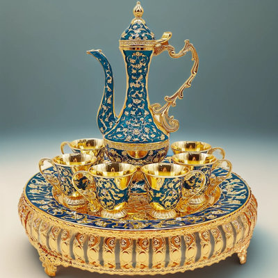 Turkish Coffee Cup and Tea Pot Set with Metal Teapot, 6 Cups, Tray, and Tea Service Set for Table Decor, Hip Flask Accessory, Blue and Gold