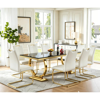 Modern 9 Piece Dining Table Set for 8, 68" Black Marble Kitchen Table with Gold Stainless Steel Base and 8 PU Leather Chairs Set
