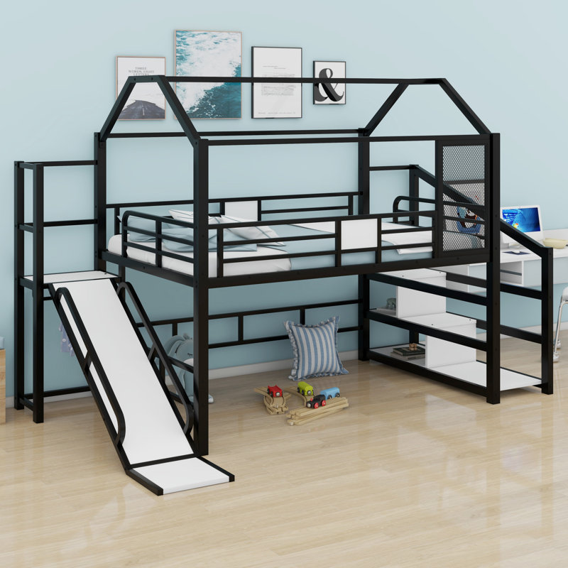Lit mezzanine House avec glissade et escalier, lit de jeu en métal avec tablettes de rangement