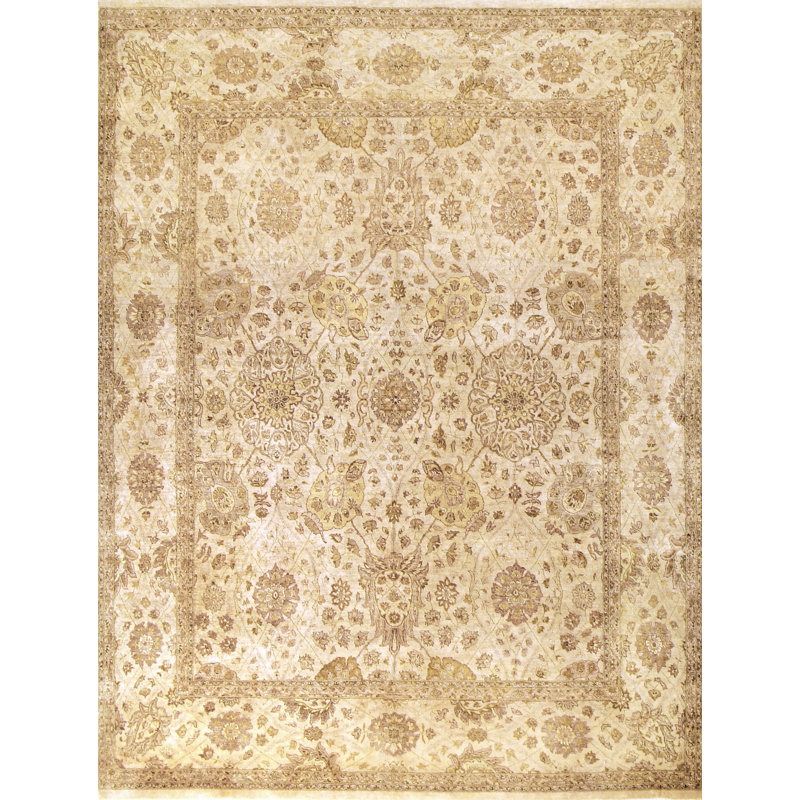 Tapis oriental rectangulaire en laine noué à la main beige / crème, Rectangle 9 pi x 12 pi