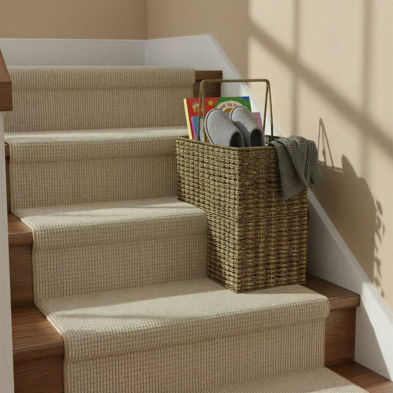 Bertram Handwoven Wicker Stair Basket with Handles, Yellow