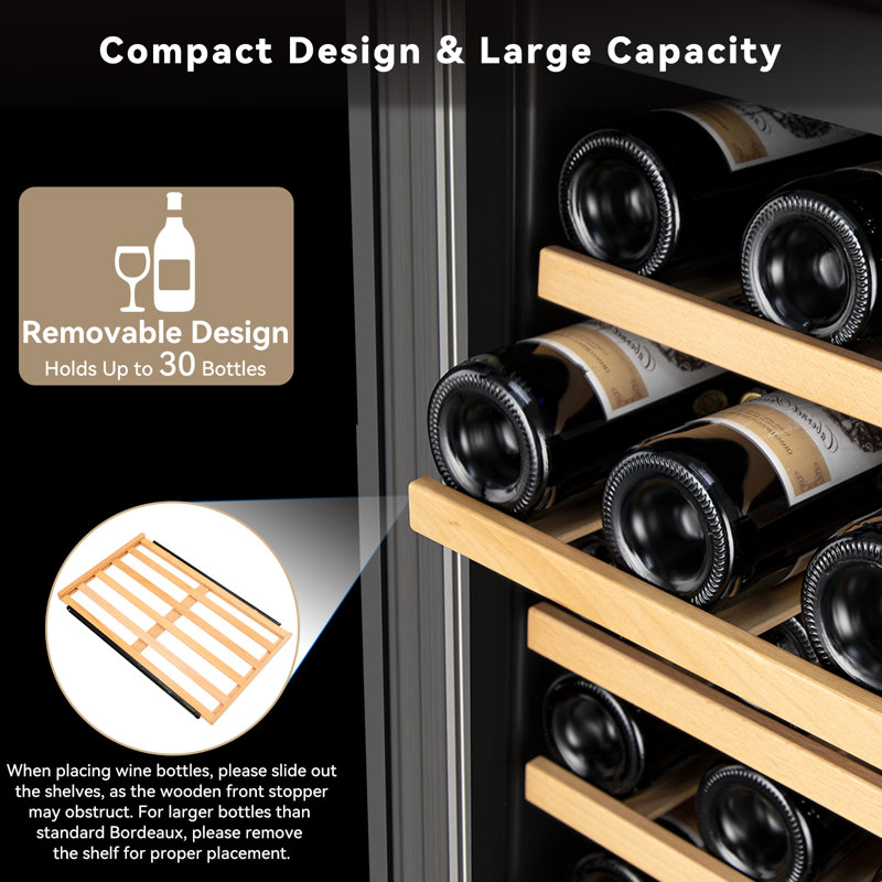 15 Inch Single Zone Wine Refrigerator, Mini Wine Cooler, Holds 30 Bottles, Built-In or Freestanding with LED Light, Safety Lock, Removable Shelves – In Silver and Black Options