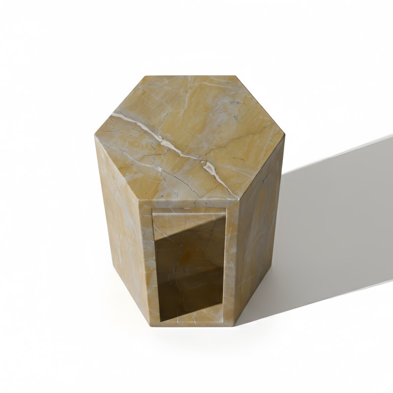 Table de bout hexagonale haute brillance en marbre doré espagnol, côté 16 cm, hauteur 40 cm, pour un espace de vie idéal