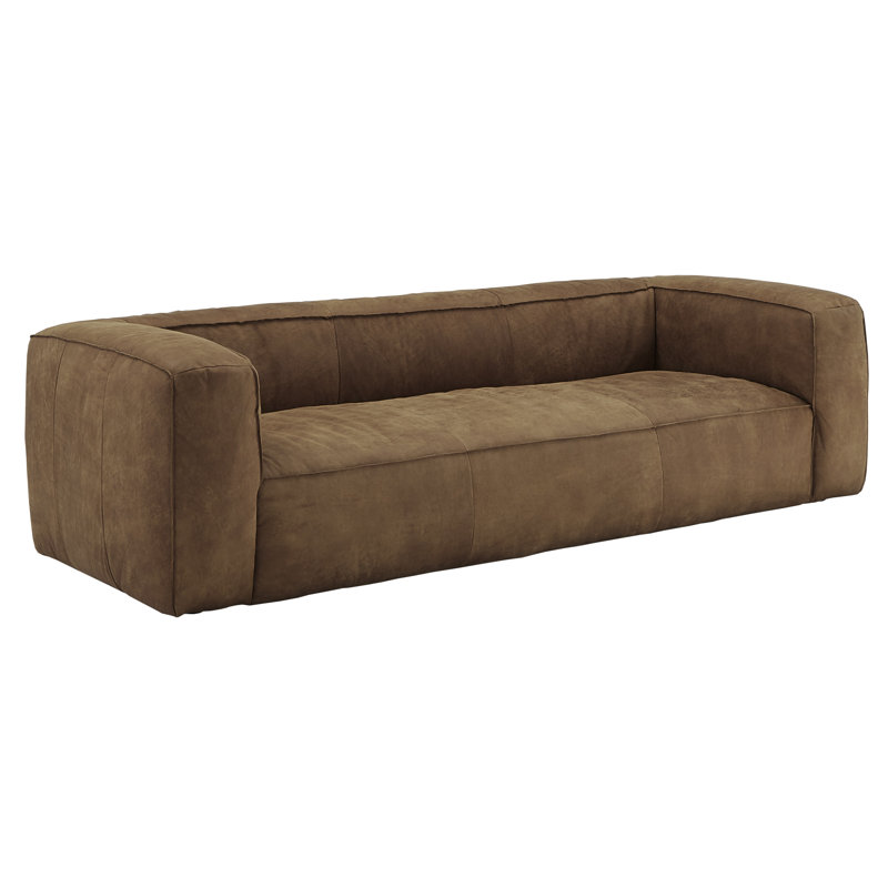 Dupo 94" Genuine Leather Tuxedo Arm Sofa, Outback Tan Genuine Leather, Dark Mahogany