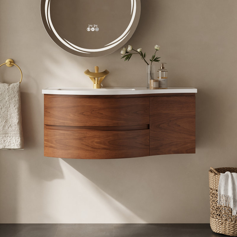 Meuble-lavabo flottant incurvé marron de 35 po, armoire de salle de bain demi-cercle, Gauche, Brun