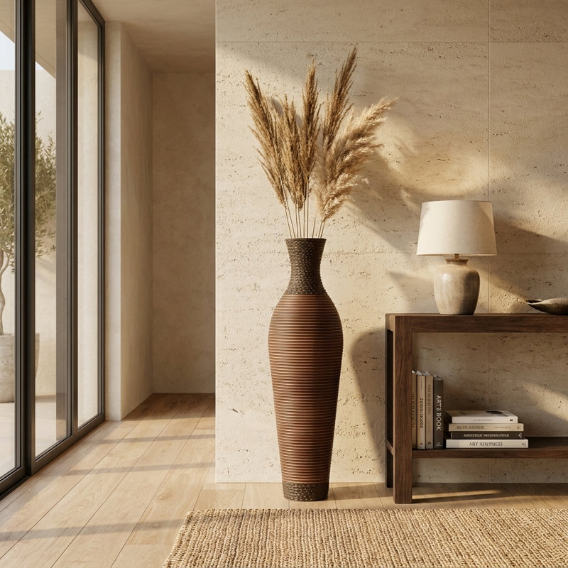 Vase de sol en rotin en PVC tressé à la main – Vase décoratif en osier marron de 99 cm de haut, idéal pour une décoration rustique, champêtre ou bohème.