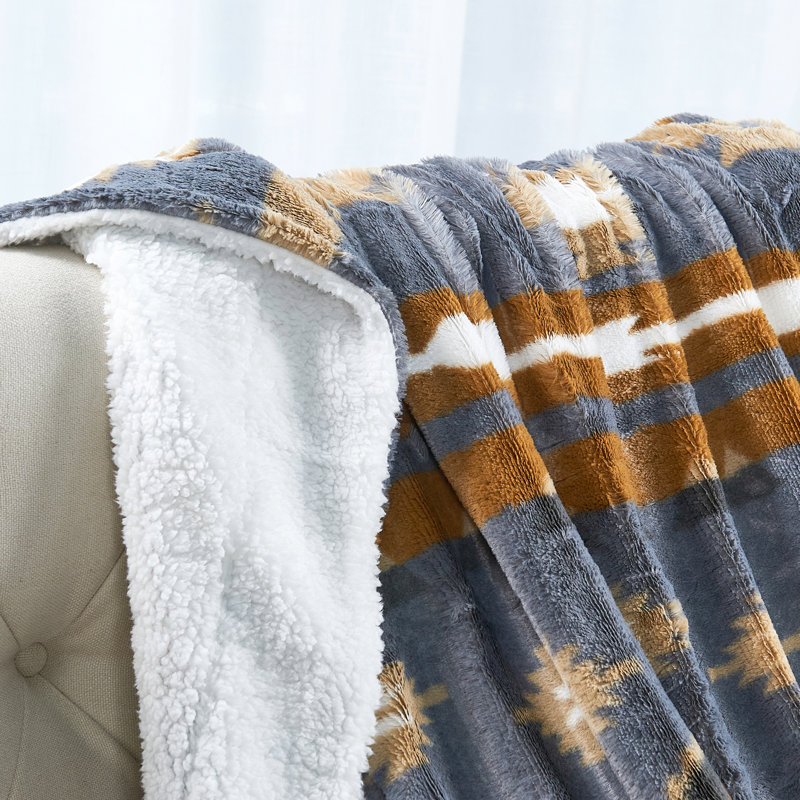 Southwest Faux Fur Sherpa Throw Blanket, Gris, L 80 po x l 60 po