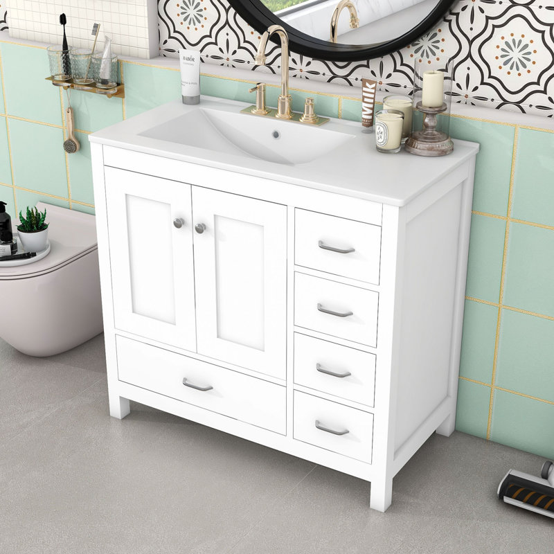 Ensemble de meuble-lavabo avec lavabo en céramique et 5 tiroirs, Blanc, Gris