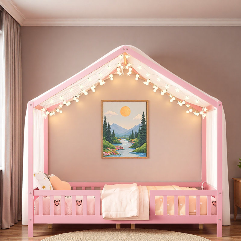 Structure de lit en forme de maison avec balustrades hautes et auvent supérieur, Lit double, Rose