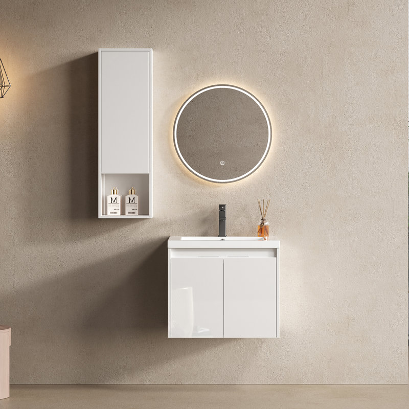 Meuble-lavabo de 24 po avec lavabo en résine, 2 portes à fermeture douce, armoire murale, fixation à flotteur, blanc brillant, contreplaqué, utilitaire d'apparence complète