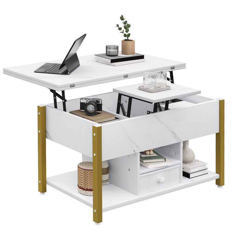 Afeez Lift Top Coffee Table with Storage，Extendable Coffee Table Centre Table for Living Room, White, Gold