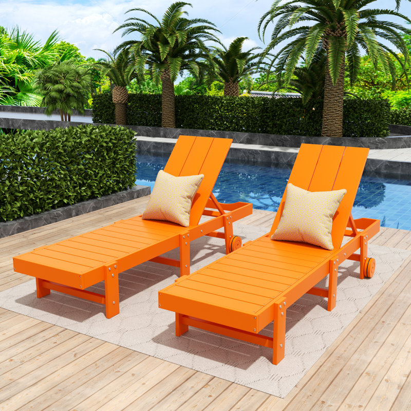 Joubert 77.6" Long Outdoor All-Weather Poly Reclining Single Chaise Set, Orange