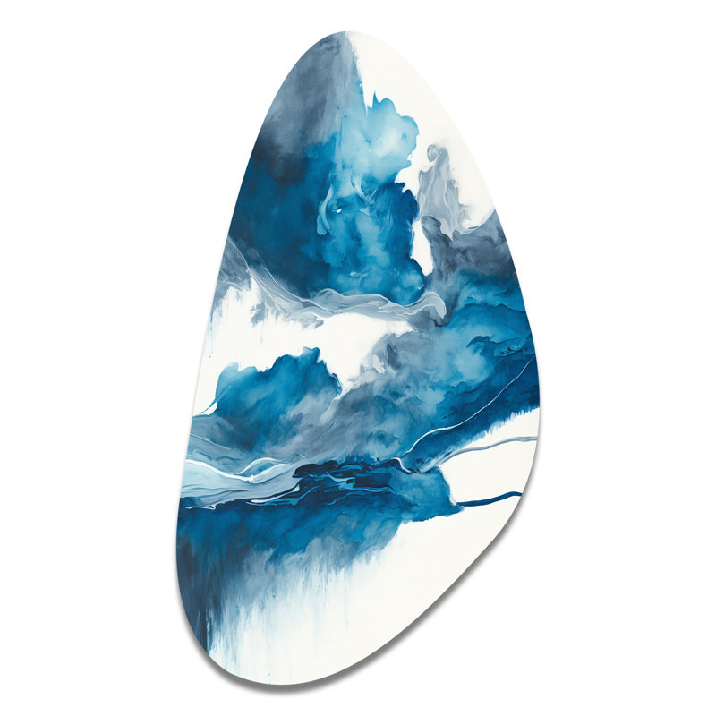 À travers les nuages bleus saphir V - art mural asymétrique abstrait à l'encre liquide, H 39 po x l 21 po