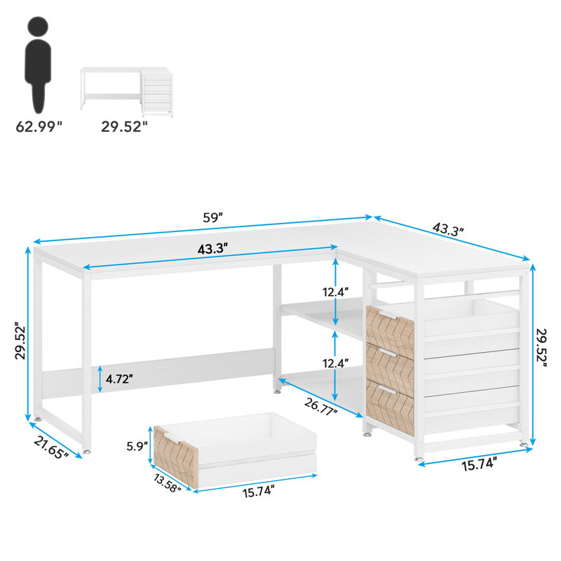 Bureau d'ordinateur en L, bureau multifonctionnel avec tablettes et tiroirs de rangement, Blanc/naturel