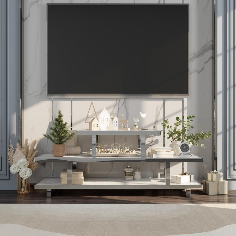 Console 60 po en verre avec base miroir, 3 niveaux, Argent/blanc
