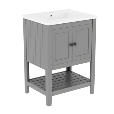 Lavabo de salle de bain moderne élégant en céramique avec tablette ouverte en bois massif