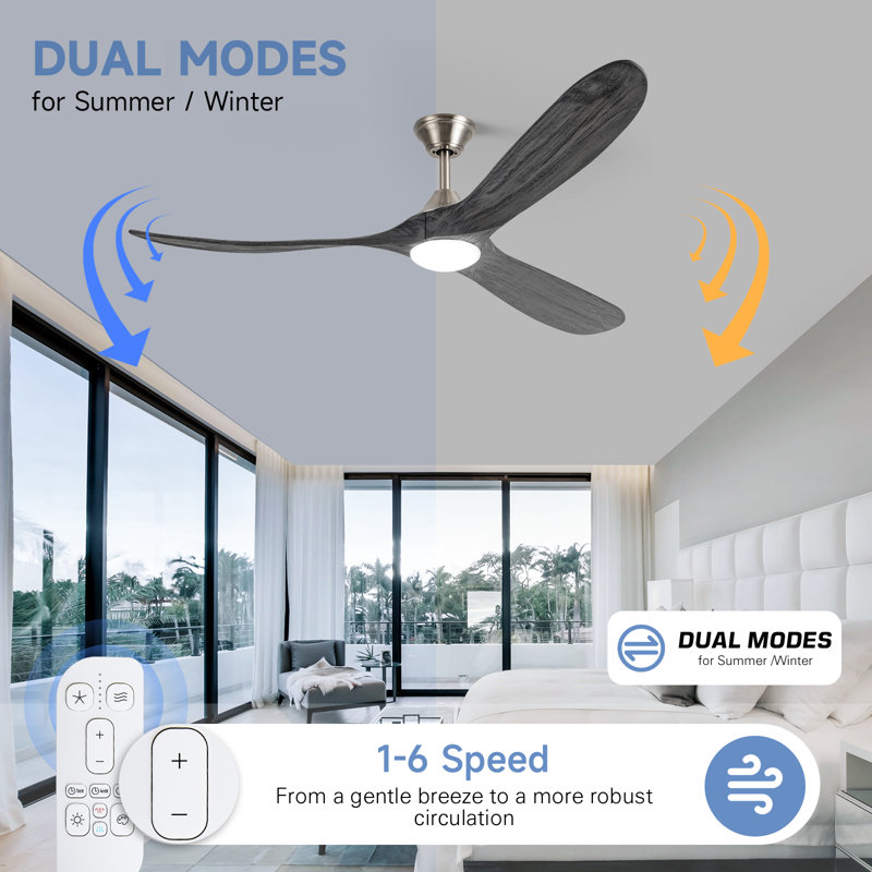 Gray Solid Wood 3 Blade Ceiling Fan With Light – Dc Motor, Reversible, Remote Control, 60" Wide