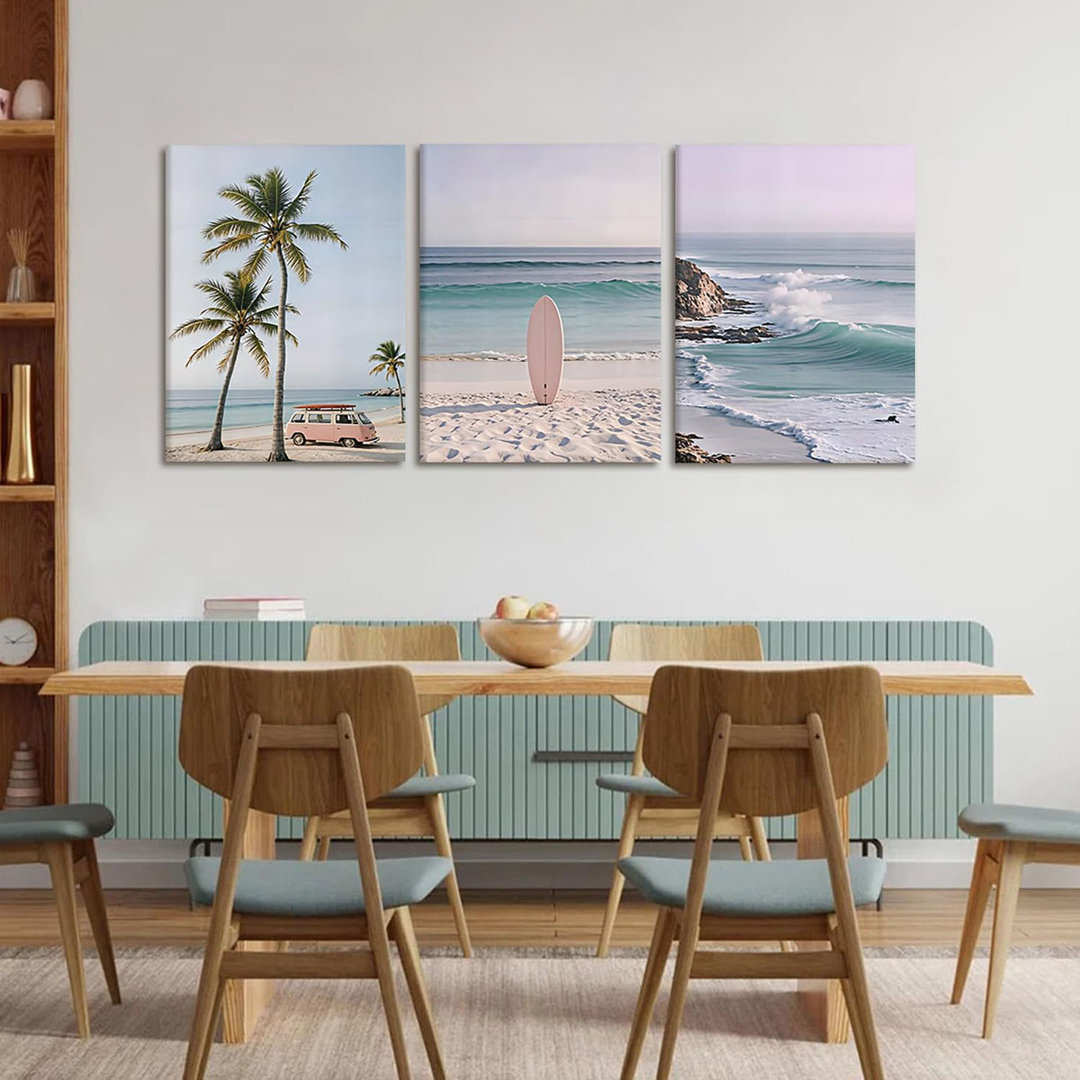 3-Piece Coastal Beach Canvas Wall Art Boho Beach Scene Wall Framed Prints Pink Vintage Van Surfboard Poster Tropical Ocean Palm Wall Decor 16X24 Inch