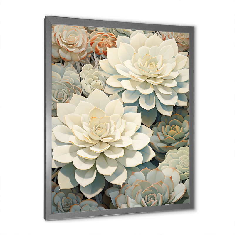 Beige succulent doux Bloom II, H 44 po x l 34 po x P 1,5 po, Cadre simple argenté