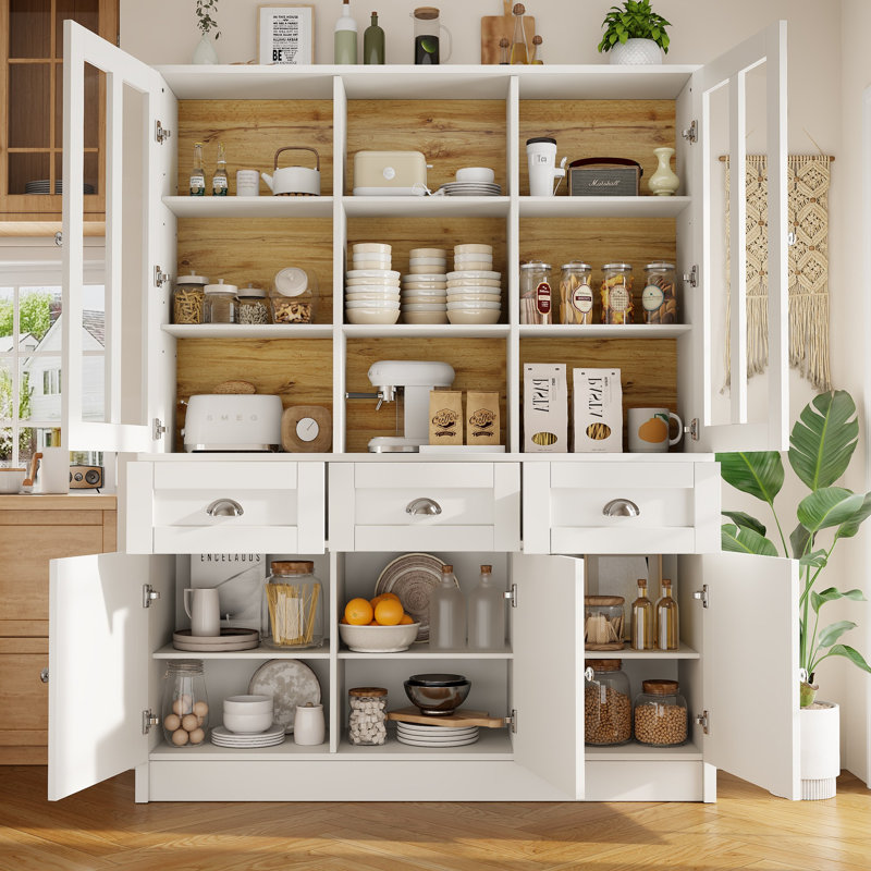 140×38.5×175cm White Modern Minimalist Freestanding Tall Display Cabinet with Drawers for Kitchen, Dining & Living Room