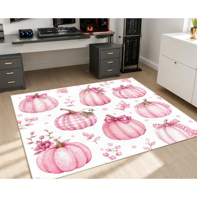 Tapis aquarelle rose à motif de citrouille, tissu écossais mignon avec motif à nœuds, tapis antidérapant lavable à la machine, décoration intérieure adorable pour le salon, la chambre à coucher, le vestibule, la cuisine, l’appartement