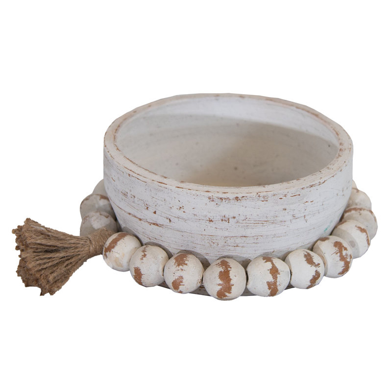 White Clay Bowl with Decorative Rosary Beads