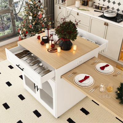 Îlot de cuisine extensible de 80 po avec comptoir en bois de grain de bois massif intégré dans une station de charge