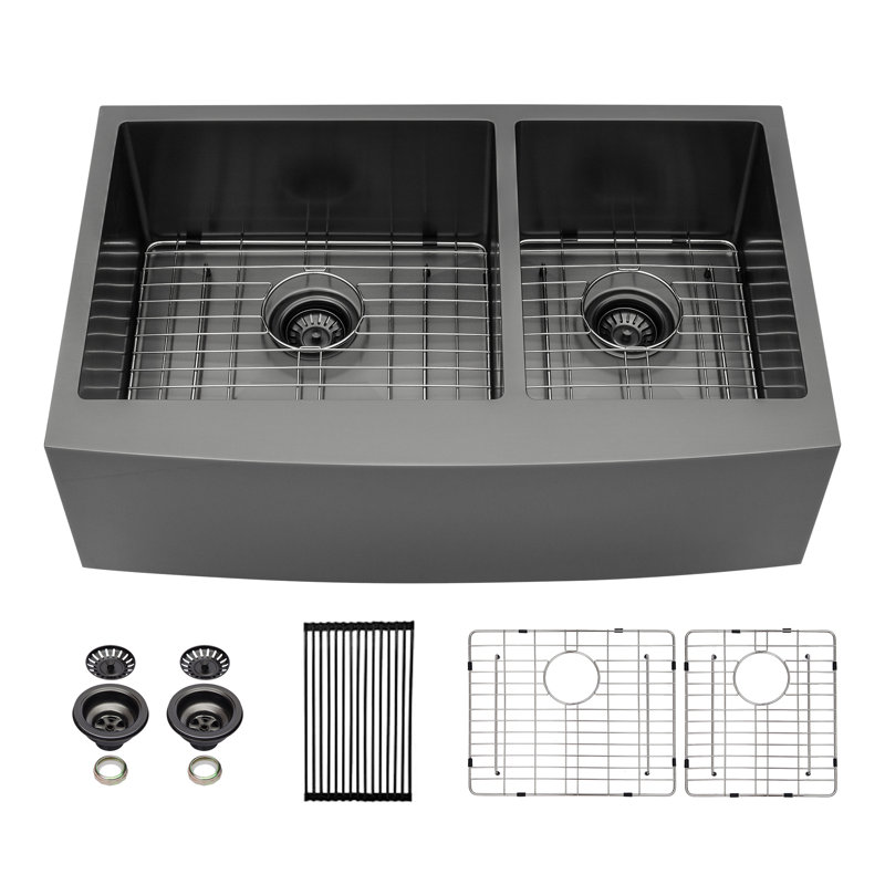 36" L x 21" W Apron Front/Farmhouse Kitchen Sink Gunmetal Black 60/40 Double Bowl 16 Guage Stainless Steel Sink