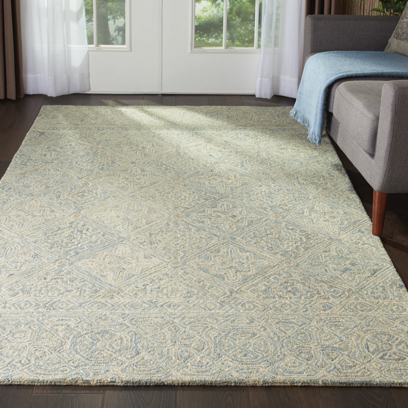 Tapis ivoire abstrait en laine bouclé / crocheté à la main, Rectangle 5 pi 3 po x 7 pi 5 po