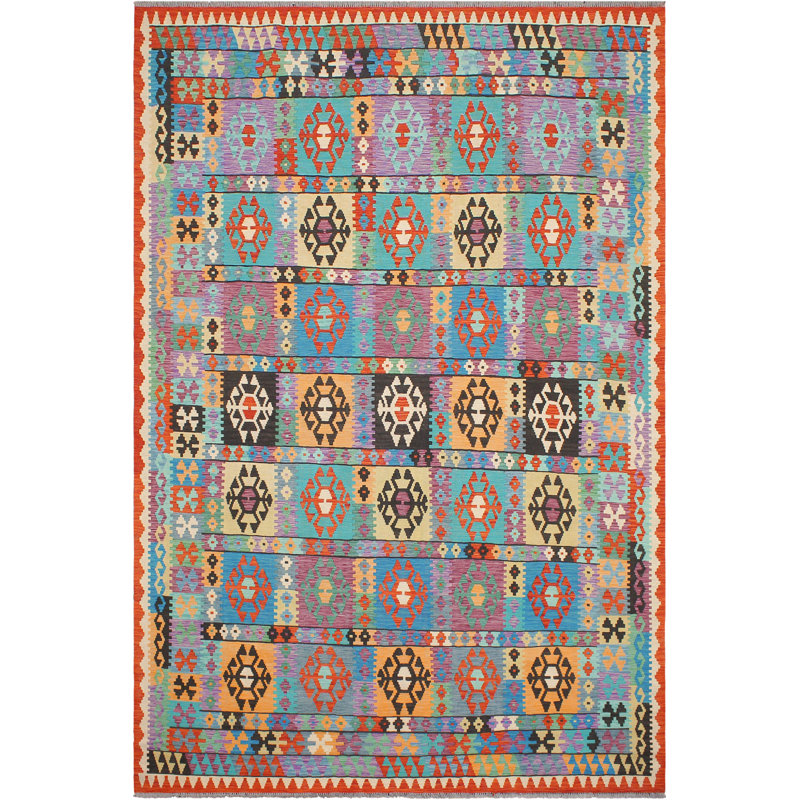 Tapis géométrique bleu / rouille / mauve en laine noué à la main à motif géométrique 8 pi 3 po x 11 pi 2 po Cedorah