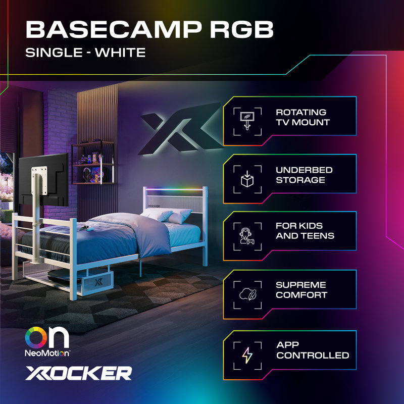 X Rocker Basecamp RGB Single Gaming TV Bed with App Controlled LED Lights - White