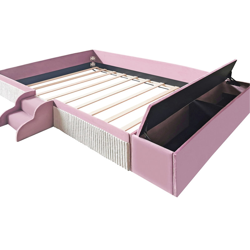 Lit de jour double en velours rose et blanc avec escalier, rangement avec vérin à gaz et confort - Maximiser les garde-corps