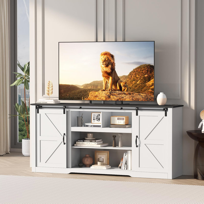70-Inch Black Farmhouse TV Stand for 80 Inch TV Entertainment Center with Sliding Barn Doors Adjustable Storage Shelves Media Console for Living Room