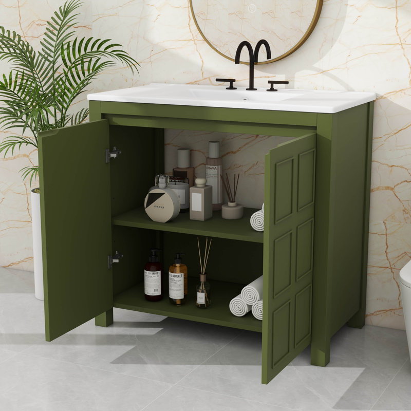 Organisateur de meuble-lavabo pratique 36 po avec lavabo en céramique, Vert olive