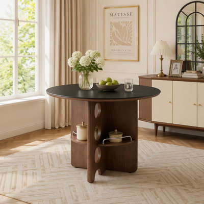 Medieval-style Sintered Stone Round Dining Table with Storage, Walnut MDF Legs, Ideal for Small Families and Modern Decor