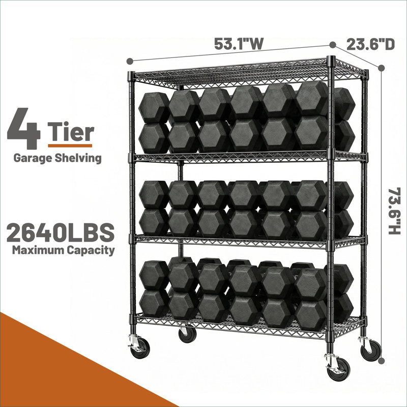 Étagère de rangement en acier au carbone noir profond à 4 niveaux pour le garage, le garde-manger et le sous-sol, silhouette standard