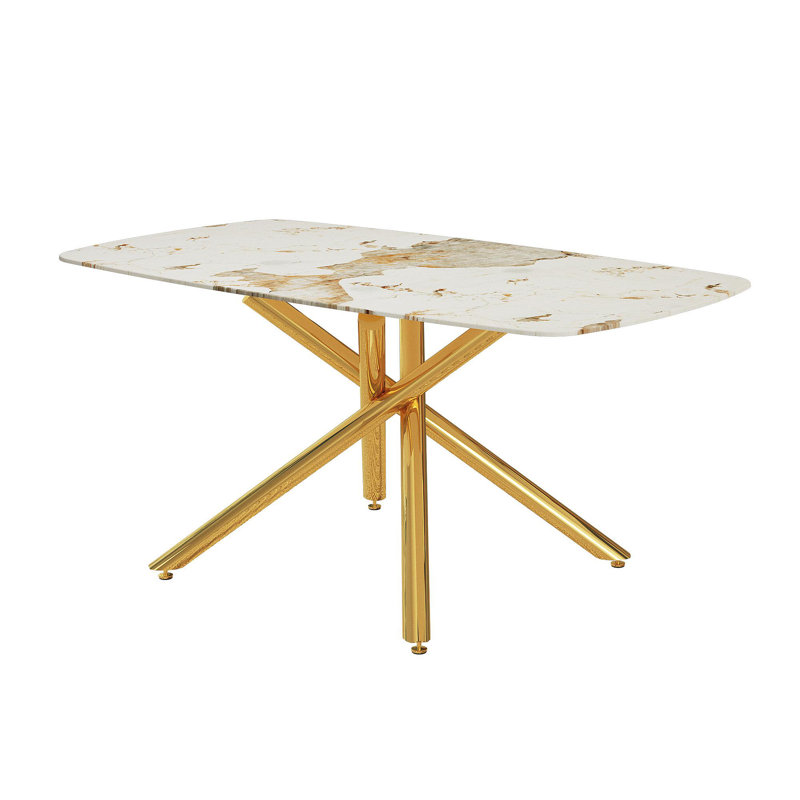 63"X35.4" Luxurious White Marble-Patterned Tempered Glass Dining Table For 4-6 People.Single Fork Gold Metal Table Legs.Tempered Glass Table Top,Gold Metal Leg.Make It Adaptable To Various Styles.